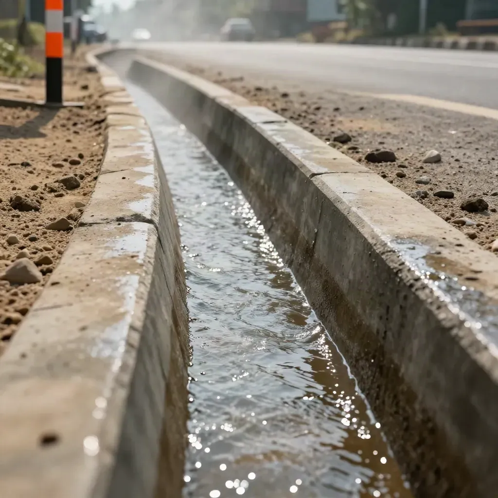 Drainase jalan beton dengan air mengalir, uap tipis, dan aksen oranye keselamatan.
