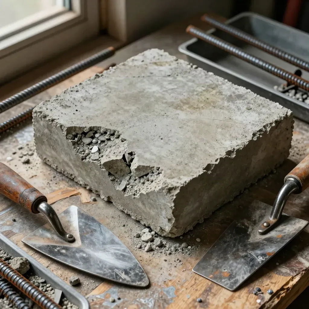 Benda uji beton, potongan besi tulangan, dan sekop baja di meja kerja konstruksi.