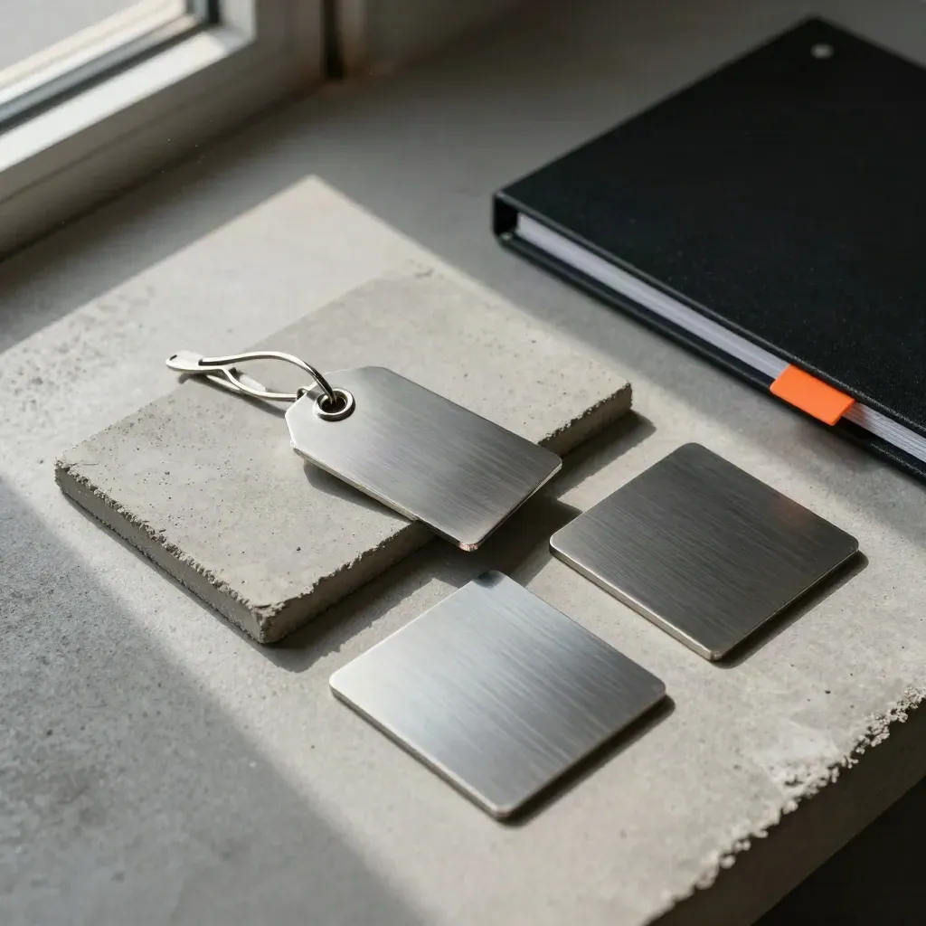 Flatlay kunci situs, swatch beton dan logam, serta binder sampel hitam di atas beton.