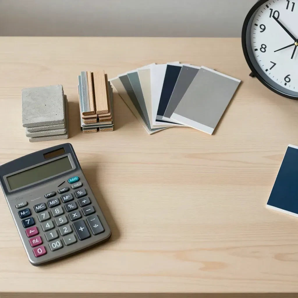 Tata letak meja pandang atas berisi kalkulator, chip material, jam analog, dan tab sampel.