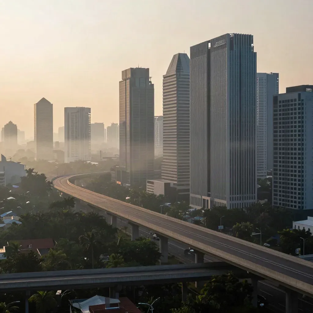 Jabodetabek saat matahari terbit, gedung tinggi dan jalan layang di kabut hangat.