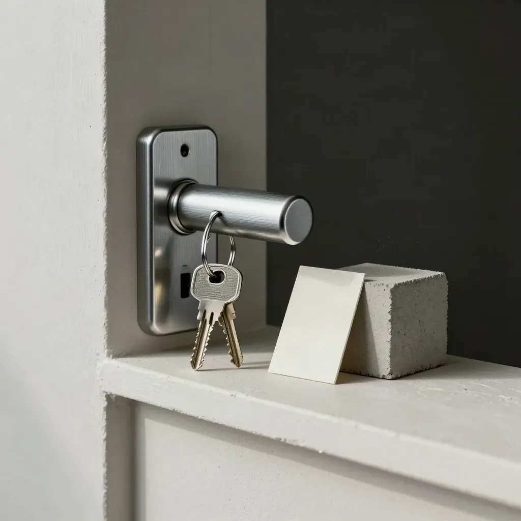 Lockset, kunci, chip cat, dan kubus beton di rak plester lembut.