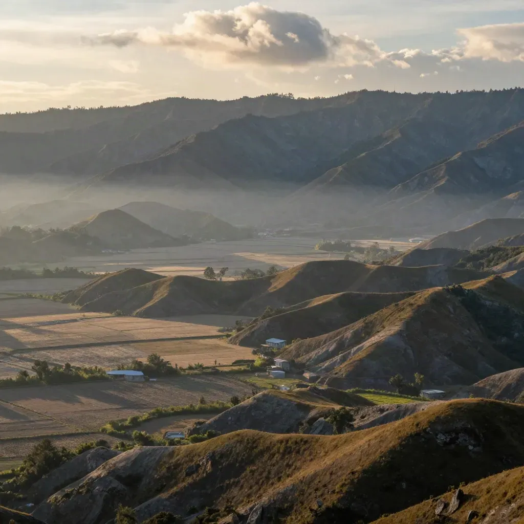Lembah pegunungan Jawa Barat dengan bukit berlapis dan kabut sore yang tenang