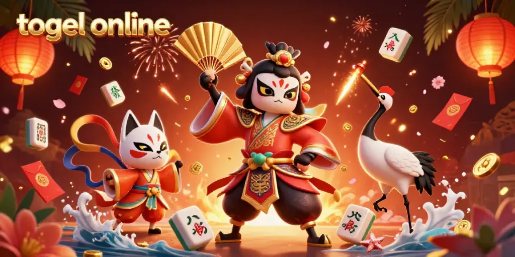 Menang besar dengan togel online, ilustrasi 3D pejuang kabuki dan elemen kemenangan yang memukau.