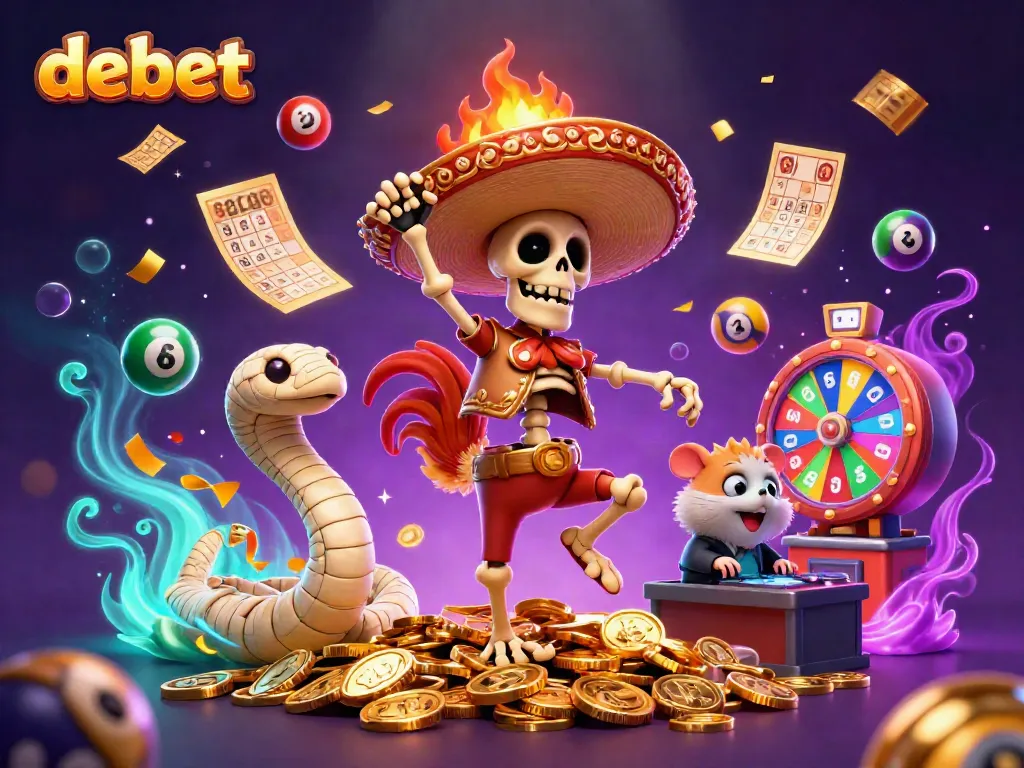 Experience the excitement of debet with a vibrant 3D illustration featuring a celebratory skeleton rooster, mummy, and DJ