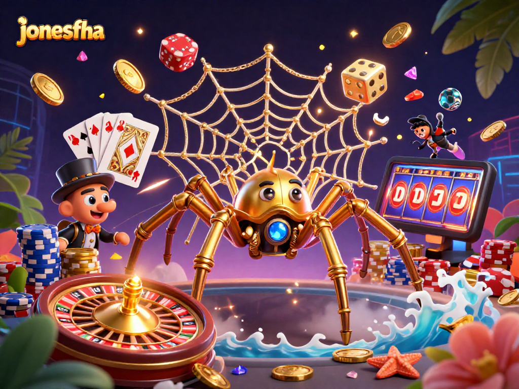 Experience thrilling jackpots at jonesfha with dynamic 3D casino illustration showcasing games and excitement.