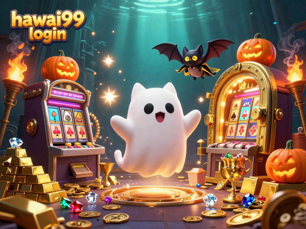Engage with the thrilling ambiance of hawai99 login in a vibrant haunted casino scene.