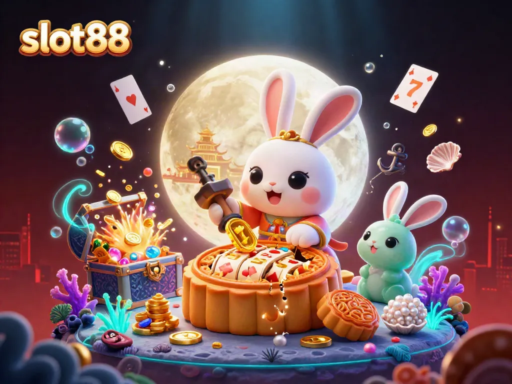 Permainan slot88 yang menarik dengan karakter kelinci dan elemen kasino meriah.