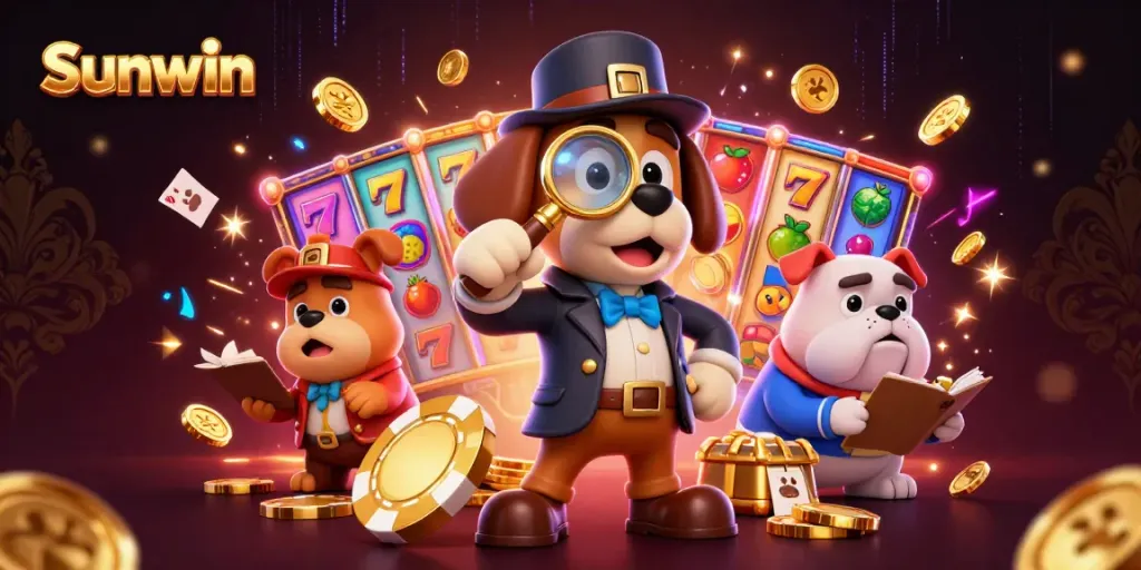 Engage in thrilling gameplay at Sunwin with cartoon detectives and colorful slot machines.