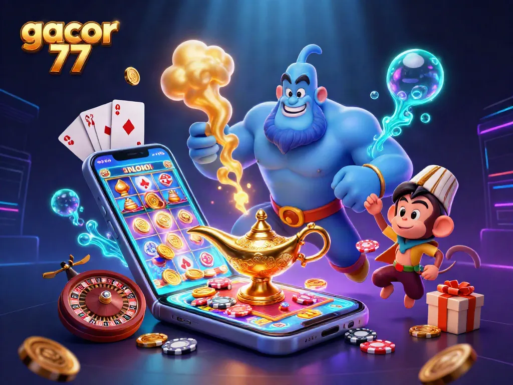 Permainan gacor 77 dengan jin, koin emas, dan slot di latar belakang yang menakjubkan