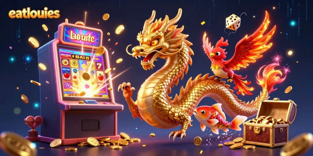 eatlouies mempersembahkan ilustrasi kasino menakjubkan dengan naga Cina, ikan koi beruntung, dan mesin slot.