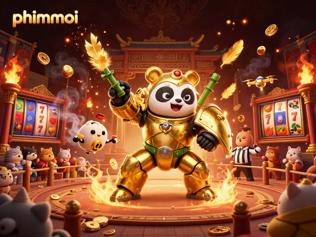 Experience thrilling gaming action with phimmoi featuring a unique mech-suit panda in a vibrant casino arena.
