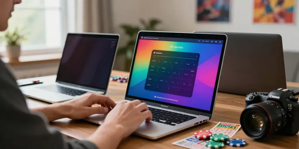 Pengguna Alexistoto berinteraksi dengan platform togel online, dikelilingi oleh tiket dan chip kasino.