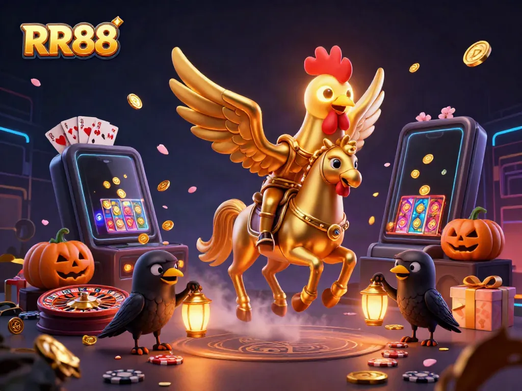 Experience thrilling gameplay at RR88 with a golden rooster riding through a magical casino.