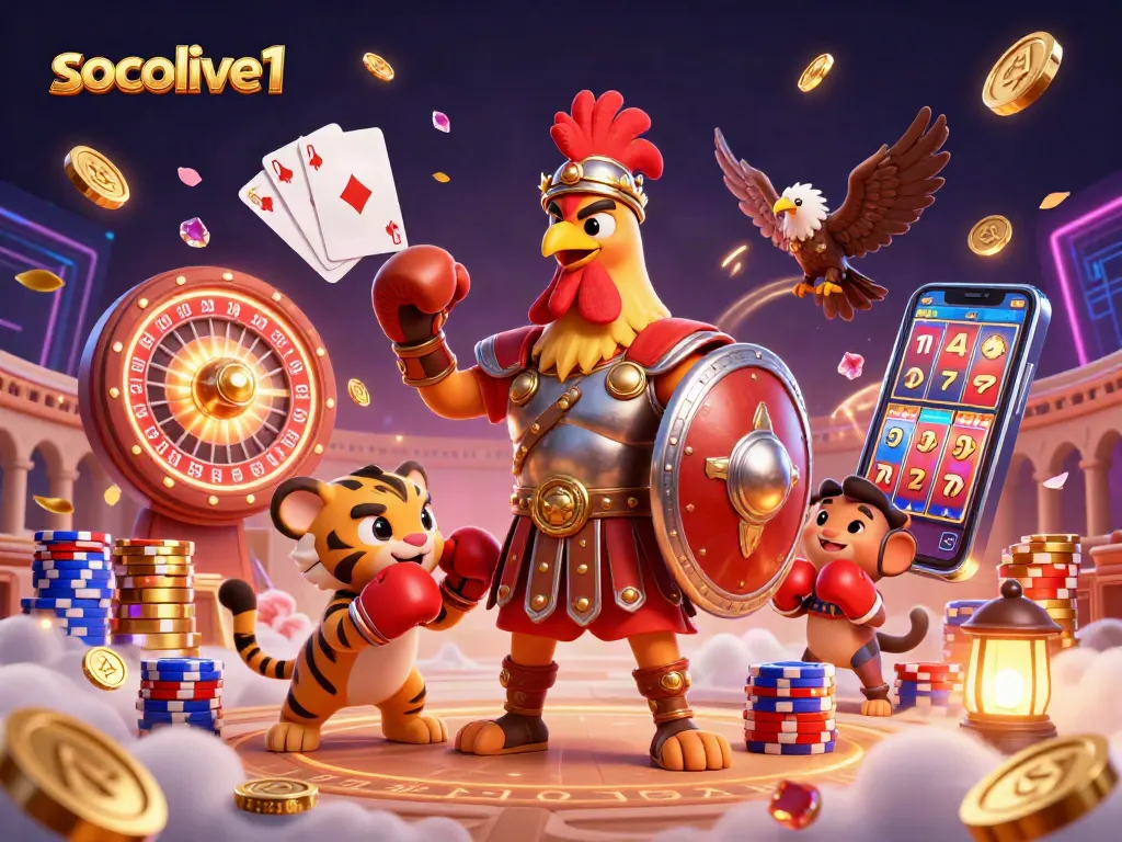 socolive1 showcases a vibrant 3D casino scene with a rooster warrior, tiger cub, and eagle, surrounded by coins and roulette.