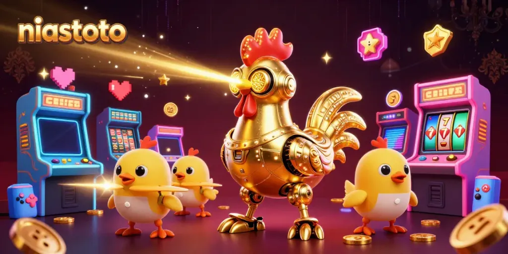 Gambarkan mesin slot niastoto beraksi dengan robot ayam emas dan drone anak-anak mengelilinginya.