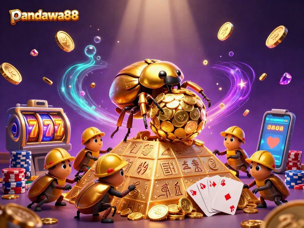 Permainan pandawa88 yang seru dengan koin emas dan simbol slot, gambarkan suasana kasino yang menarik.