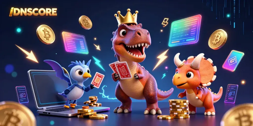 Experience IDNSCORE through a vibrant 3D scene of animated dinosaurs playing cards and gambling.