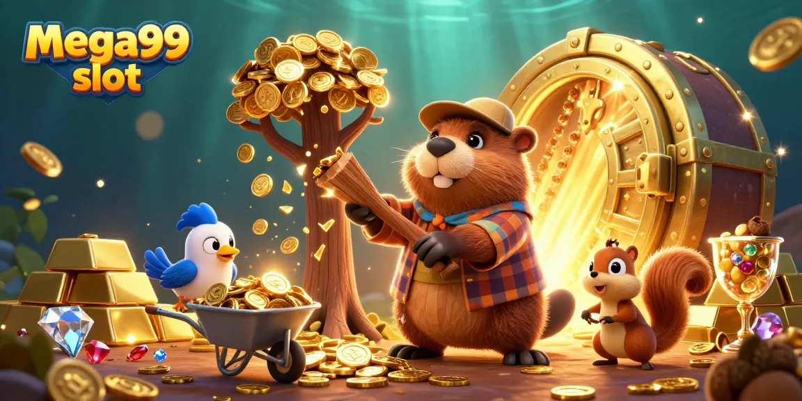 Experience mega99 slot action in this vibrant 3D casino illustration full of treasures.