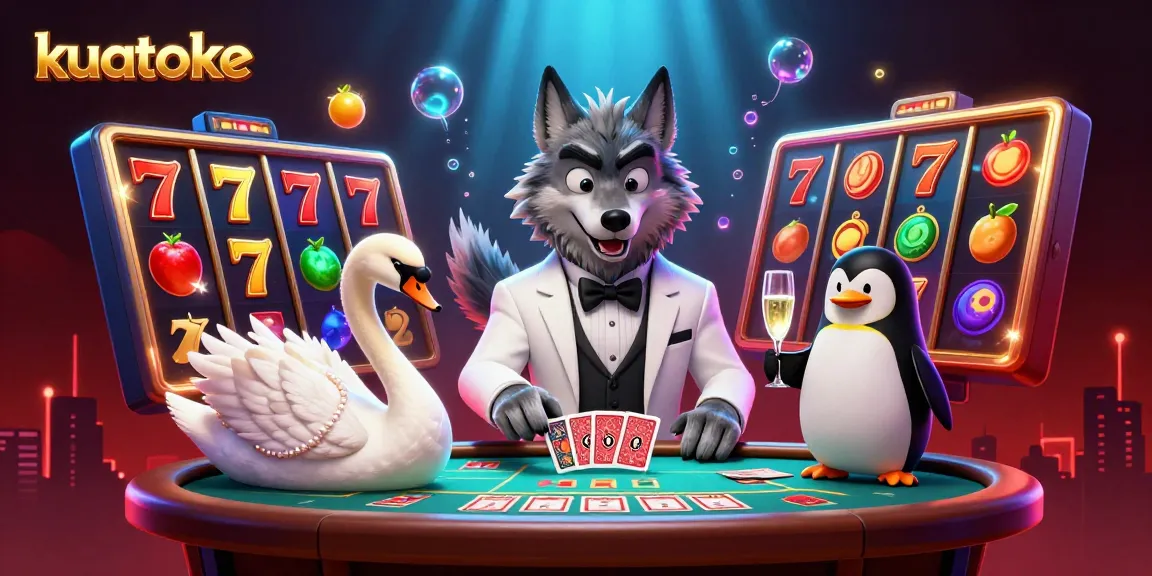 Kuatoke slots action featuring a debonair wolf, elegant swan, and sophisticated penguin in a lively casino scene.