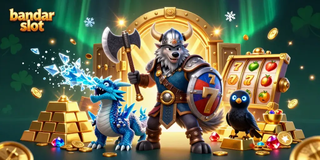 Menang di bandar slot dengan Viking dan naga, bersinar dengan harta karun berkilau.