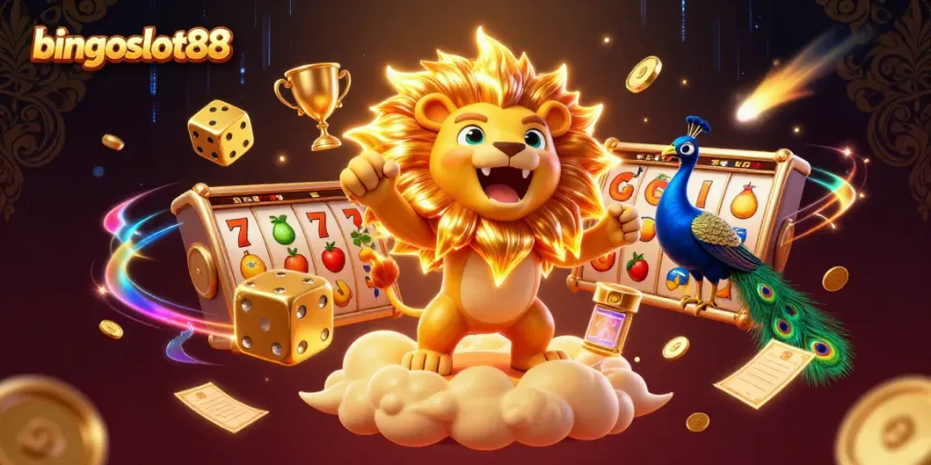 BINGOSLOT88 menyajikan ilustrasi slot yang menarik dengan singa dan dadu emas.