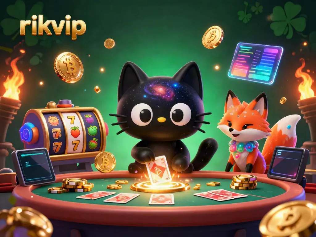 Experience the thrilling rikvip casino atmosphere with a cosmic black hole cat, golden chips, and vibrant slot reels.