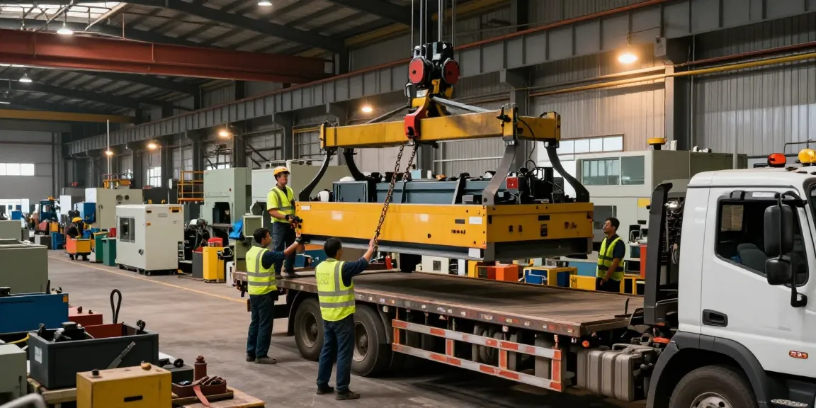 Machinery movers expertly relocating heavy equipment at an industrial site
