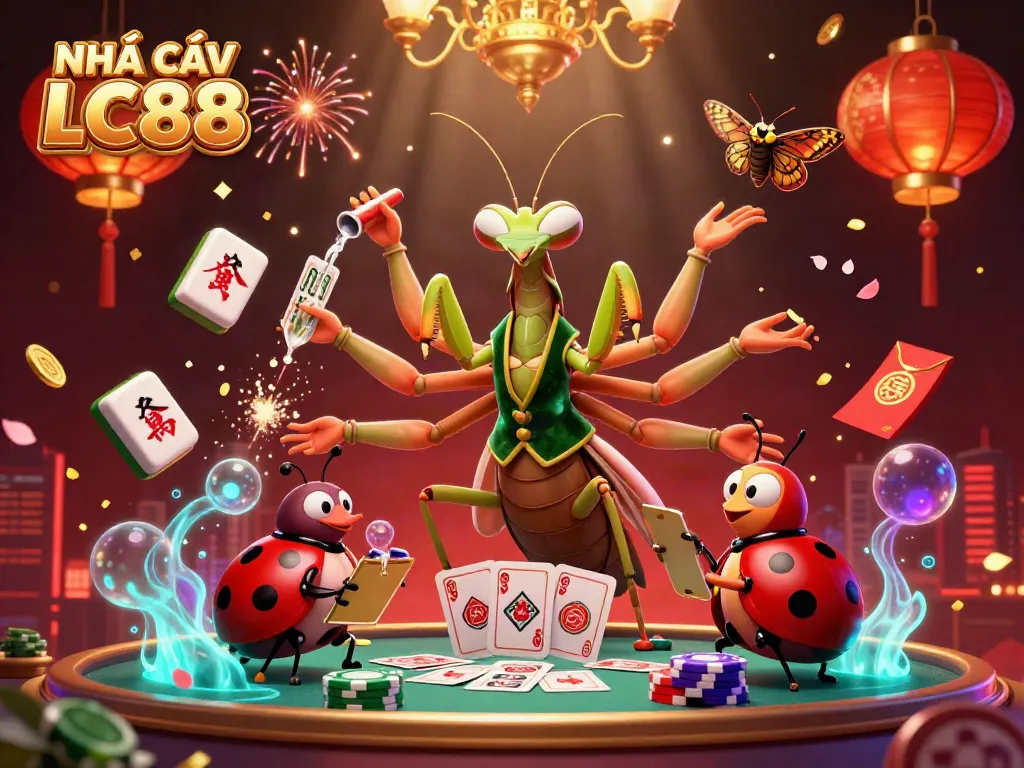 Experience the excitement of NHÀ CÁI LC88 with a vibrant 3D casino illustration of animated characters and gambling elements.
