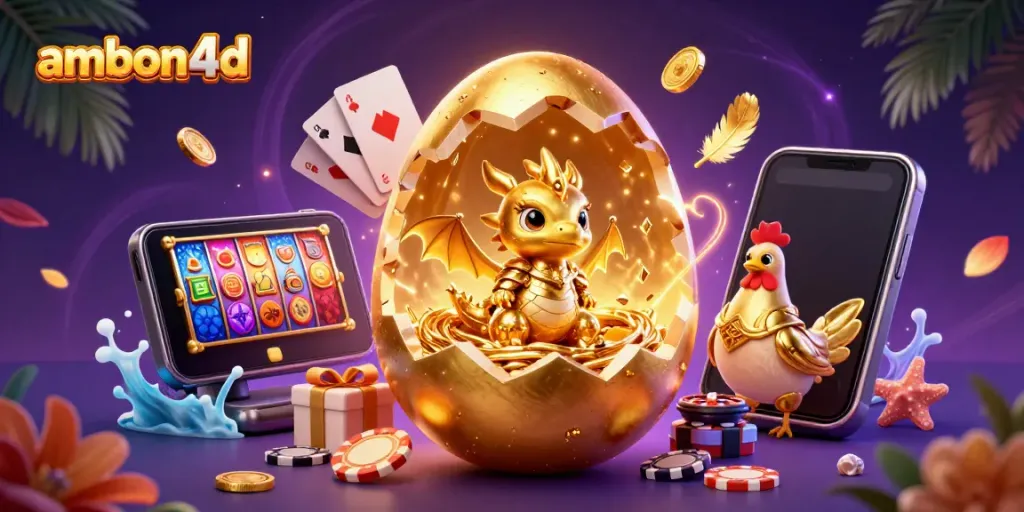 Experience ambon4d delights as golden dragon emerges from an egg of poker chips in this vibrant casino scene.