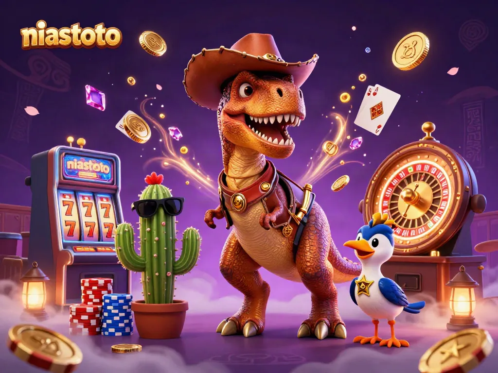 niastoto menampilkan pandangan mengasyikkan dari permainan kasino bersama dinosaurus dan slot mesin.