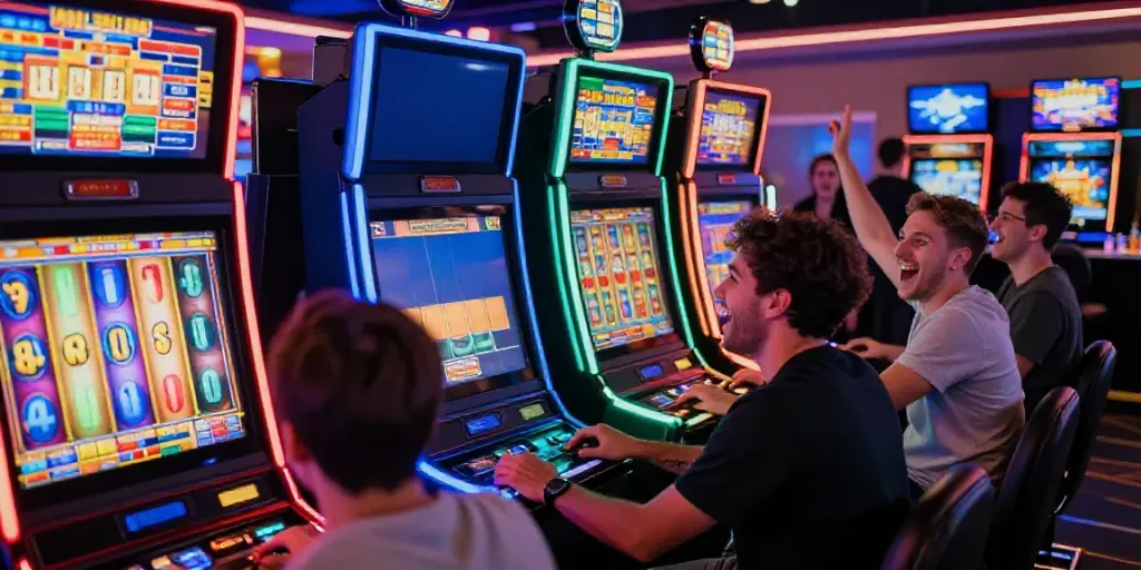 Pengalaman bermain slot gacor dengan pemain beragam di mesin slot berwarna cerah dan suasana penuh kegembiraan.