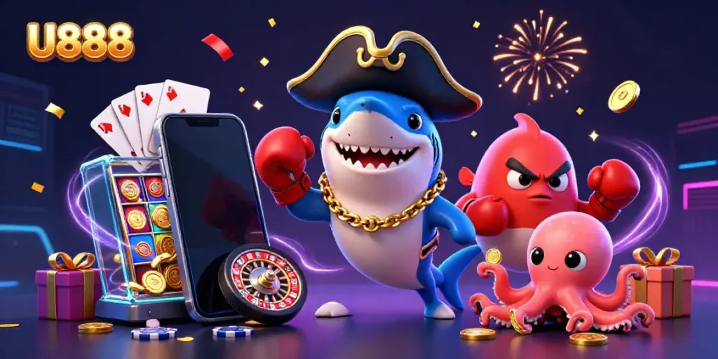 Fun U888-themed scene features a pirate shark and pufferfish gambling with coins and cards.