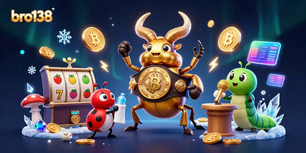 Engage with bro138's colorful casino scene featuring a golden stag beetle boxing champion and vibrant slot machines.
