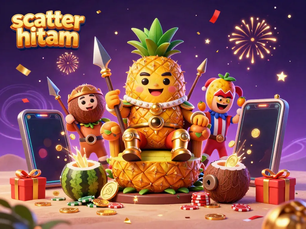 Merayakan permainan scatter hitam dengan raja nanas emas dan jester, dikelilingi elemen kasino klasik.