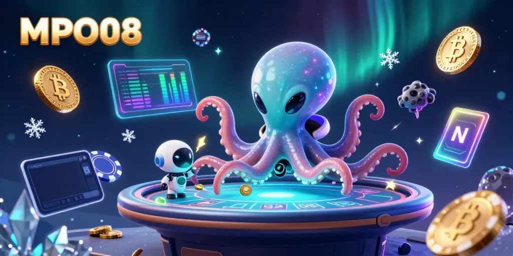 Engage with MPO08 as a cartoon alien octopus plays poker in a vibrant casino universe.