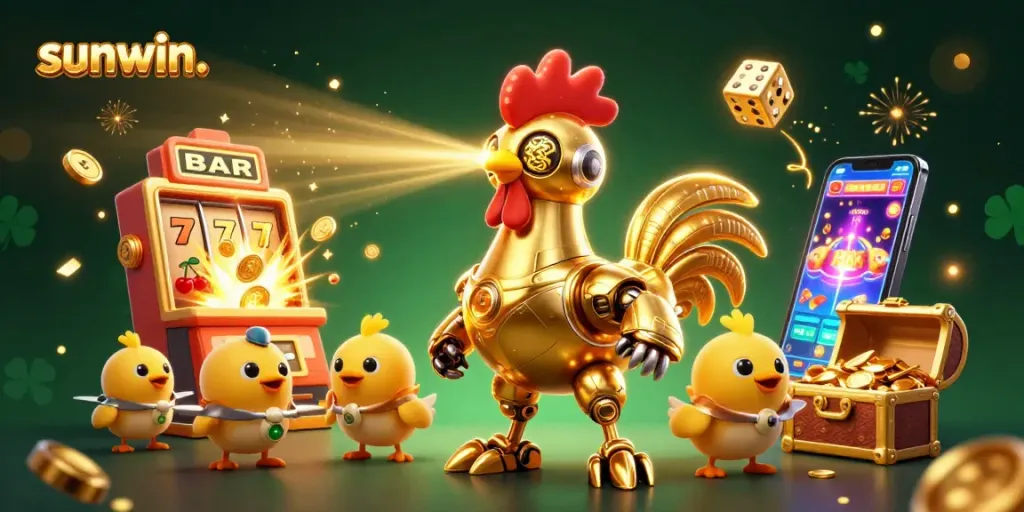 Experience sunwin. with a dynamic 3D illustration showcasing vibrant casino elements and characters.