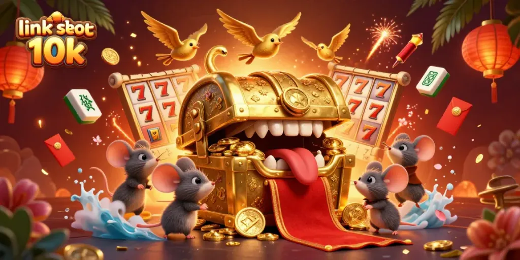 Engage with the link slot depo 10k game featuring a mesmerizing treasure chest, slot reels, and dynamic gaming elements.
