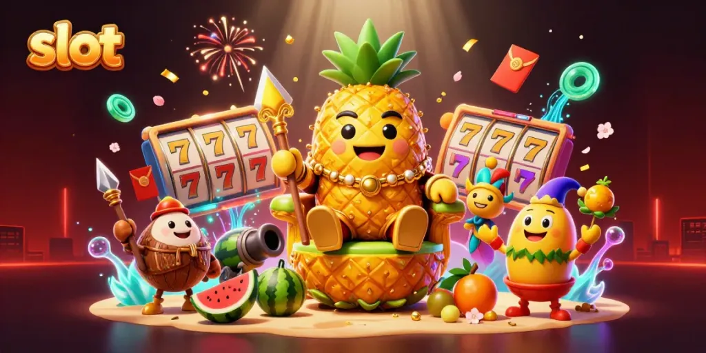 Menangkan slot dengan raja nanas dan elemen kasino penuh warna yang menarik.