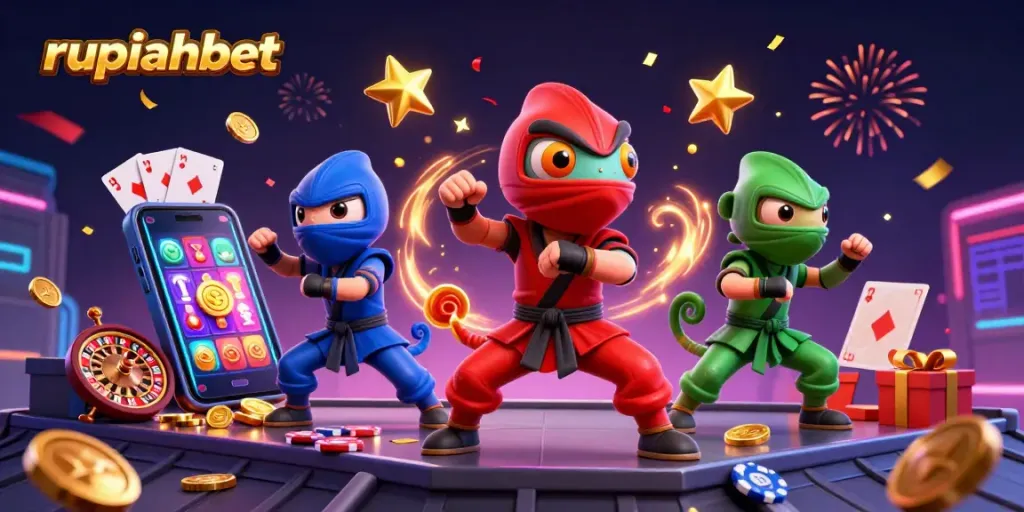 Experience exciting gaming fun with rupiahbet as colorful chameleon ninjas interact with vibrant casino elements.