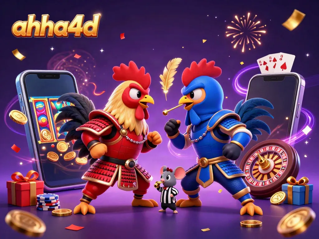 Watch ahha4d's spectacular battle between cartoon roosters in a vibrant gaming landscape filled with slot game features.
