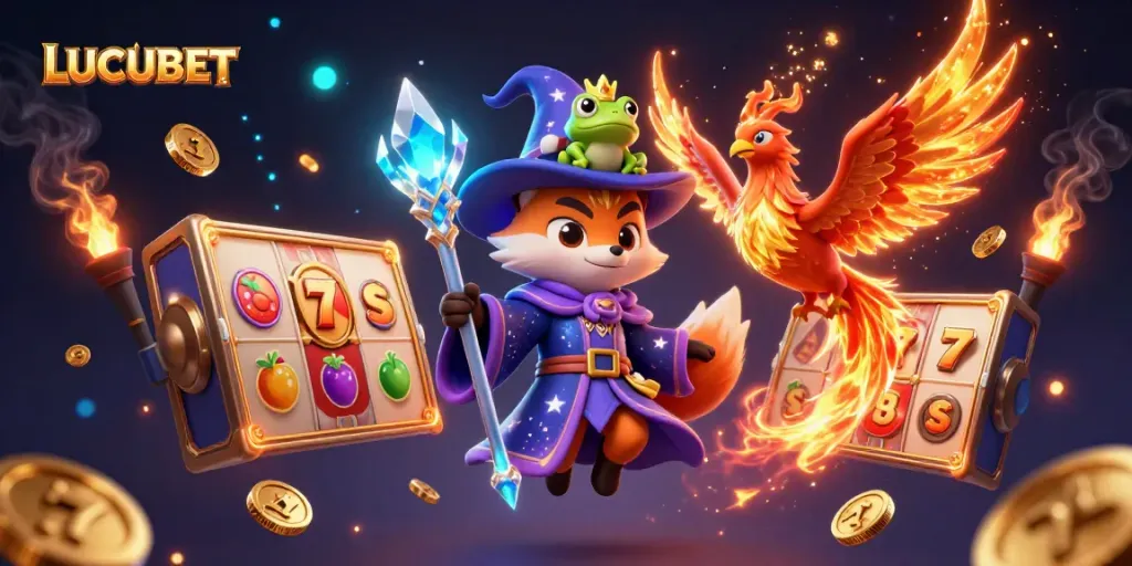 LUCUBET transports players to a magical slot experience with a wizard fox and phoenix, showcasing dynamic reels and vibrant coins.