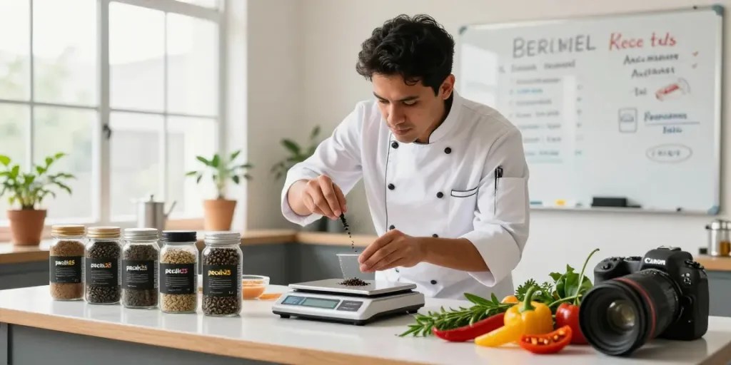 Koki berkarya di ruang studio makanan dengan produk lada pecah25, menciptakan resep kreatif dalam suasana cerah.