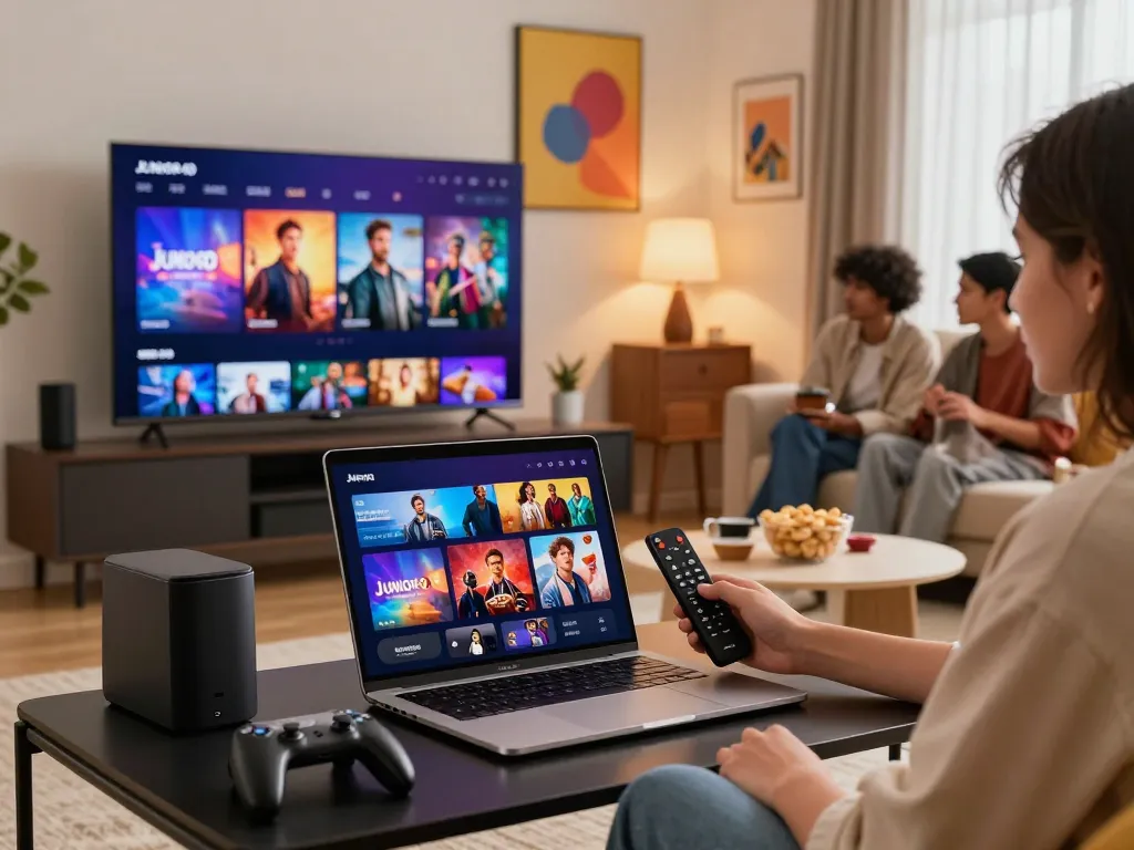 Engaging living room scene showcasing a JUNIOR4D digital entertainment platform on a laptop