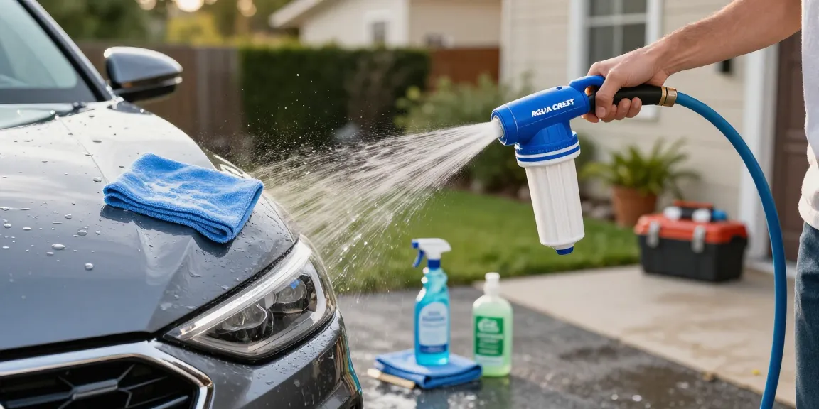AQUA CREST Inline Water Filter, Dedicated for Car Washing in use, providing clean water for an effective car wash.