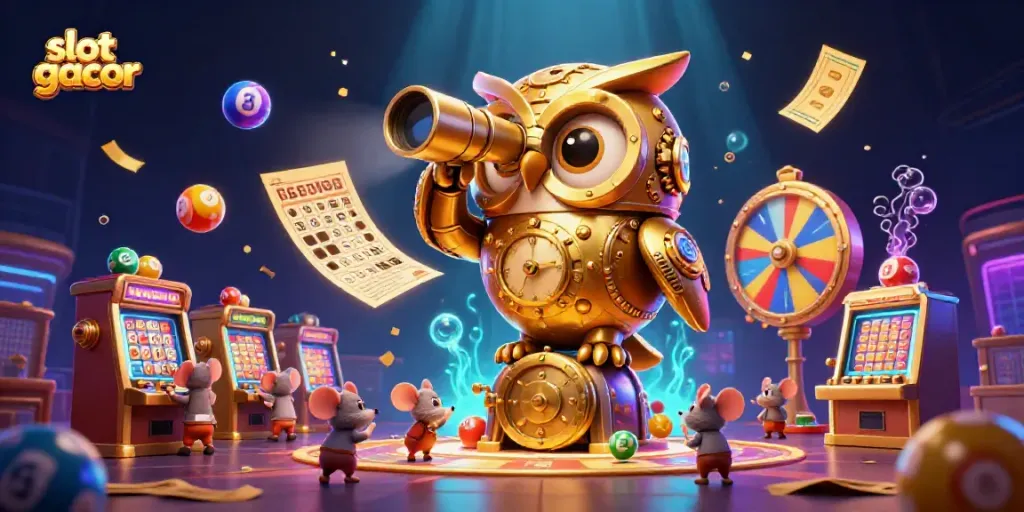 Slot gacor, ilustrasi 3D menampilkan burung hantu emas di kasino dan mesin slot dengan suasana yang meriah.