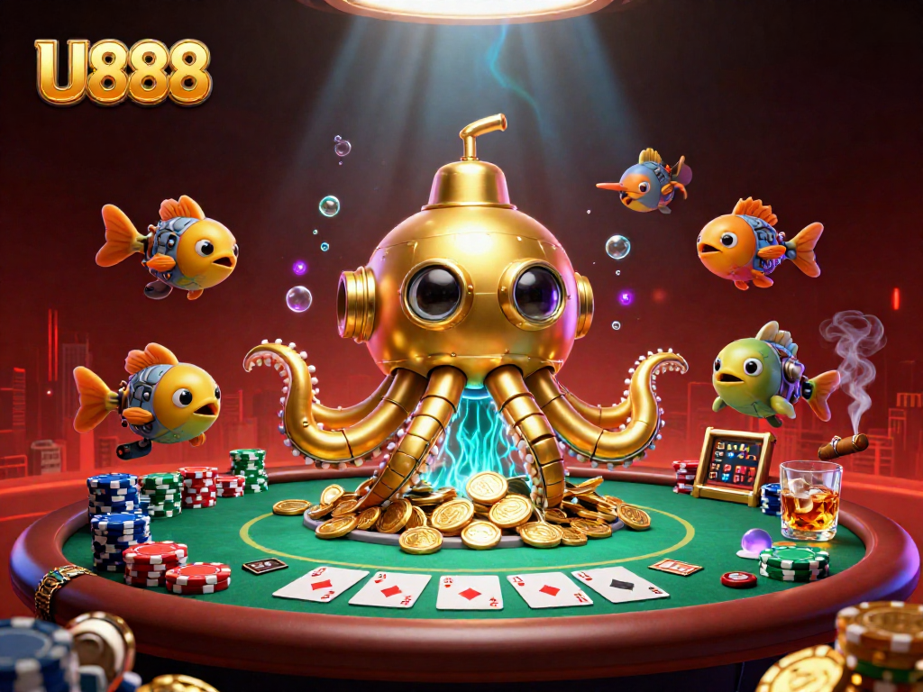 Engage with U888's thrilling poker scene, showcasing a golden kraken submarine and massive poker chips.