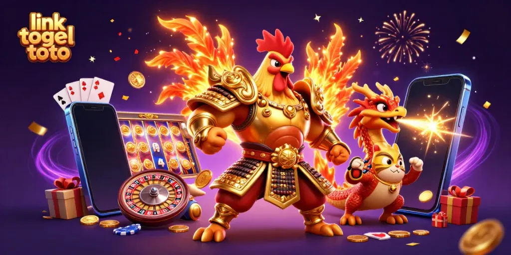 Menghadirkan link togel toto di ilustrasi 3D, dengan karakter ayam jantan pejuang dan naga bersenjata, dikelilingi permainan slot dan item kasino.