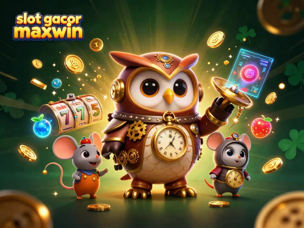 Experience slot gacor maxwin with a dynamic 3D illustration of a time-traveler owl in a steampunk-themed casino.