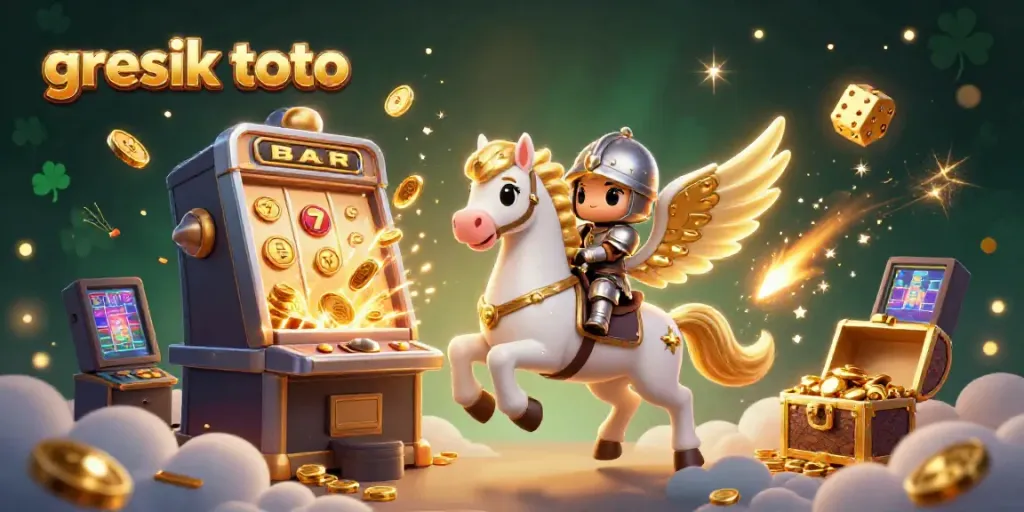 Join the excitement with gresik toto as the knight and celestial horse celebrate a jackpot win in a vibrant casino landscape.